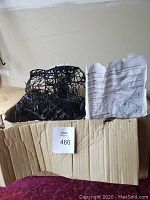 Photo showing the cardboard box containing black wireframe Halloween gargoyle decoration with French instructions visible.