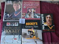 Photo showing six hockey books laid out on a fabric surface. Titles include Wayne Gretzky biography still wrapped, NHL Stanley Cup Centennial Book, and books on hockey legends and stars.