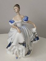 Front side view of Royal Doulton Beatrice HN 3263 porcelain figurine, showcasing blue and white floral dress and blue sleeves.