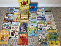 Top view of all assorted beginner reading books, arranged in rows and groups by series.