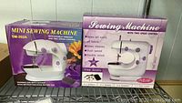 Photo of both sewing machines' packaging showing model names SM-202A and JYSM301 with product features.