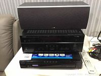 Center channel speaker atop receiver and DVD player