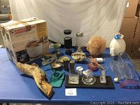 Full lot of items including food dehydrator box, large wood piece, salt lamp, glass vases and weights, bottles, decorative figurines, and others laid out on blue table.