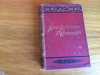 Front cover showing red cloth hardcover with gilt title 'Alice's Adventures in Wonderland' and decorative black border
