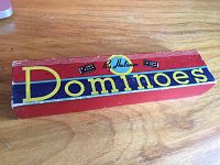 Full view of the vintage Balsam dominoes box