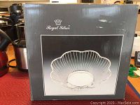 Photo of Regal Silver silver plated wire basket boxed and out of the box showing intricate open wire design with scalloped rim.