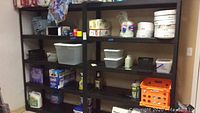 Two shelving units loaded with various household items