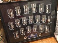 Large shadow box featuring miniature Stanley Cup trophies by NHL team.