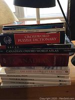 Stack of books showing titles including Crossword Puzzle Dictionary, Canadian Oxford World Atlas, bread cookbook, and Canadian Dictionary.