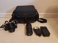 Wide shot of Nikon camera with 50mm lens attached, Makinon zoom lens, Nikon SB-E flash, and camera bag on floor.