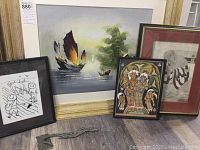 Five artworks arranged including large framed river scene with boats, Diego Rivera style line drawing, cultural figure painting, monochromatic abstract drawing, and a brass dragon mount at the base.