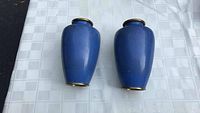 Photo of two blue cloisonné vases showing front view, placed on checkered tablecloth.