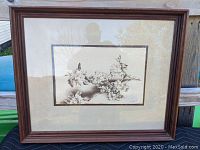 Full view of the framed pen and ink drawing of apple blossoms with a brown wood frame and beige matting.