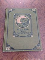 Front cover of the antique book featuring art of a boy and girl reading and the title 'Boys and Girls' Bookshelf'.