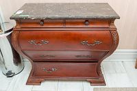 Front view of entire credenza showing marble top, drawer configuration, and overall condition