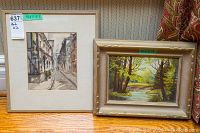 Two framed paintings side by side on a wooden surface, showing the overall appearance and condition of the artworks and frames.