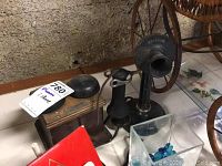Antique Kellogg Bell candlestick telephone with wood box ringer and two large bells, wired together, showing original parts and age wear.