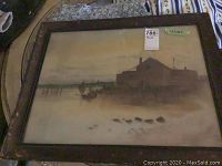 Full view of framed pastel drawing showing waterfront scene with building, boats, and birds on water.