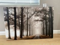 Full view of the large canvas showing a misty forest path with tall trees and fog in the background.