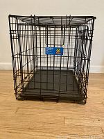 Full front and side view of black metal wire folding dog kennel with removable tray showing condition and size.