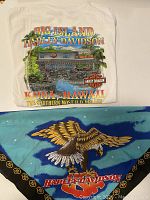 Blue and black bandana with detailed golden eagle and Harley Davidson logo.