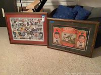 Two framed vintage baseball collectibles displayed side by side, one smaller with a red mat and various baseball images, the other larger with tobacco advertising and two player portraits.