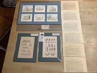Full display of all items in the lot including 6 matted hand-colored prints with typed letters and 2 matted steel engravings.