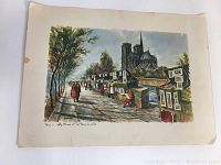 Full view of the vintage Paris print showing Notre Dame and the Les Bouquiuistes green stands by the river with pedestrians walking. Slight edge wear visible.