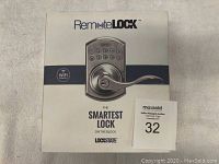 Box front showing RemoteLock keypad electronic door lock image and branding.