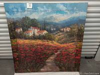 Full view of large square oil painting on canvas showing countryside with flowers, houses, trees, and mountains.