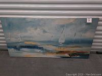 Wide shot of the large canvas painting showing seven sailboats on a sea with abstract brush strokes in blue, gray, and sandy colors.