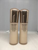 Front view of two bottles of Shiseido Benefiance Wrinkle Resist 24 Day Emulsion SPF 15 side by side showing product name and packaging.