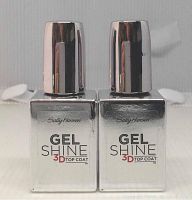 Front view of two bottles of Sally Hansen Gel Shine 3D Top Coat nail polish, silver square bottles with chrome caps and product branding.