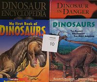 Four dinosaur-themed books seen from the front cover, showing titles and colorful dinosaur illustrations.