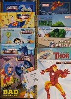 Lot of 11 Little Golden Books featuring DC Super Friends and Marvel superheroes with colorful illustrated covers in mostly lightly used condition.