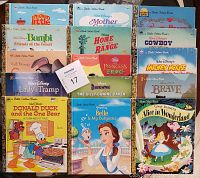 Top-down view of all 15 Little Golden Books featuring Disney characters arranged in rows, showing front covers.
