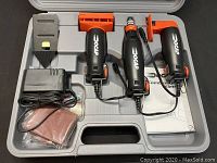 Overview of the three OCAP tools in molded carrying case with adapter and sanding sheets.