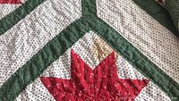 Close-up of red star with hand-stitched quilting and visible stains on white background fabric.