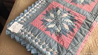 Corner close-up showing star block, scalloped border and layered patchwork