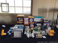 Lot of assorted lighting items including two Dewalt flashlights, many boxed and loose light bulbs, floodlight fixtures, and a Regent motion sensor light.