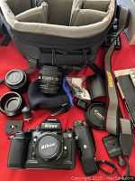 Nikon F4 body with lens mount cap, two lenses, battery grip, Nikon strap, charger, remote cable, padded bag