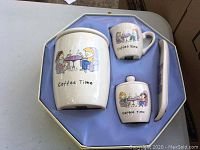 5-piece Coffee Time ceramic set including coffee jar, sugar bowl, creamer, and tray with hand-painted coffee time designs