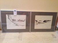 Two framed black and white landscape sketches resting side by side on the floor against a wall.