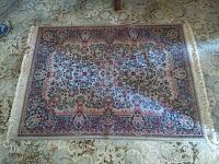 Full view of the rectangular fringed rug with traditional pattern, showing the overall design and colors.