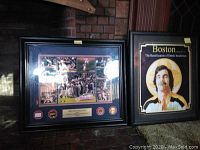 Framed Boston Red Sox 2007 World Series champions collage with medallions, and framed 1971 Boston magazine cover featuring Derek Sanderson