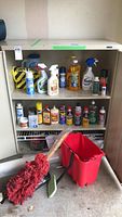 Shelving unit with multiple cleaning bottles and sprays, including Roundup, adhesive, oils, and insect repellents.