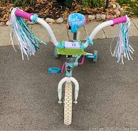 Front view of Frozen-themed girls bicycle showing white frame, training wheels, pink handles with tassels, and blue seat