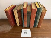 Nine antique hardcover books arranged upright on wooden surface, titles partially visible