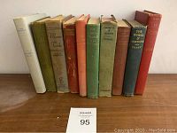 Front view of lot of 9 antique books in various colors and conditions.