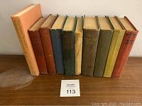 Lot of 10 antique hardcover books with varied colored cloth bindings, arranged side by side on a wooden surface against a white wall.